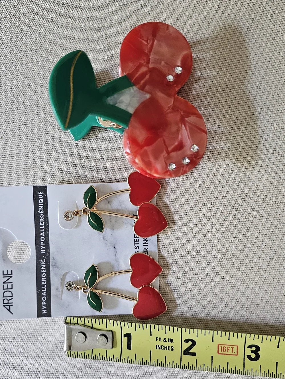 NWT Ardene Cherry Rhinestone Earrings and NEW Cherry Rhinestone Hair Clip